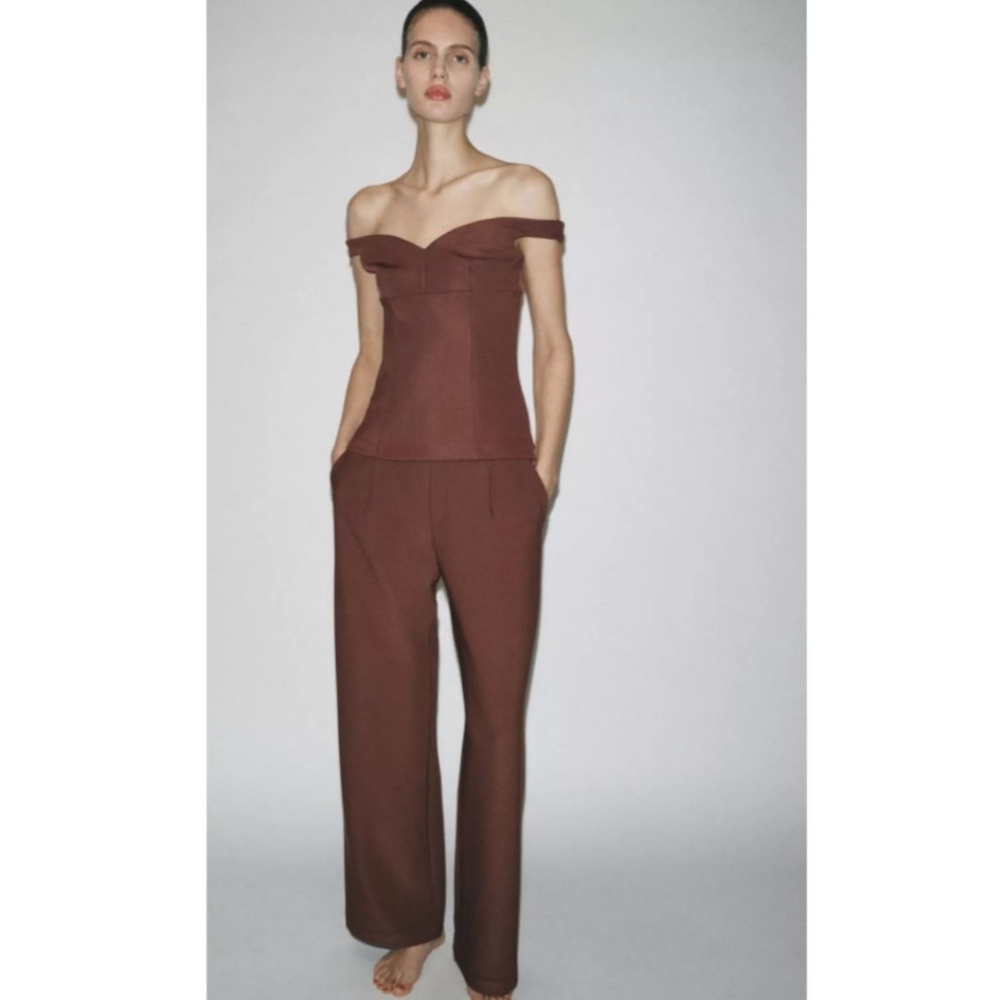 Zara Off The Shoulder Brown Top And Wide Leg Brown Pants 2 Piece Co Ord Set